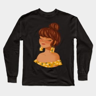 Girl character with a high bun lemon pattern Long Sleeve T-Shirt